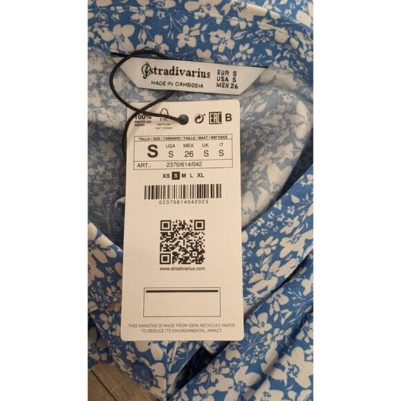 Stradivarius Womens Small Blue Floral Bishop Sleeve Ruffle Hem Mini Shirt Dress - Picture 6 of 8